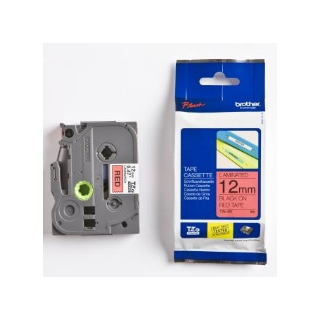 Brother originální páska do tiskárny štítků, Brother, TZE-431, černý tisk/červený podklad, laminovaná, 8m, 12mm