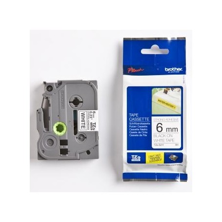 Brother originální páska do tiskárny štítků, Brother, TZE-S211, černý tisk/bílý podklad, laminovaná, 8m, 6mm, extrémně adhezivní