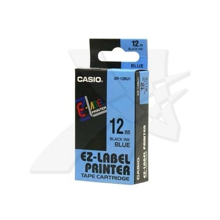 Casio originální páska do tiskárny štítků, Casio, XR-12BU1, černý tisk/modrý podklad, nelaminovaná, 8m, 12mm