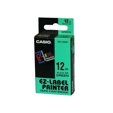 Casio originální páska do tiskárny štítků, Casio, XR-12GN1, černý tisk/zelený podklad, nelaminovaná, 8m, 12mm