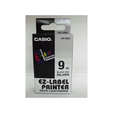 Casio originální páska do tiskárny štítků, Casio, XR-9SR1, černý tisk/stříbrný podklad, nelaminovaná, 8m, 9mm