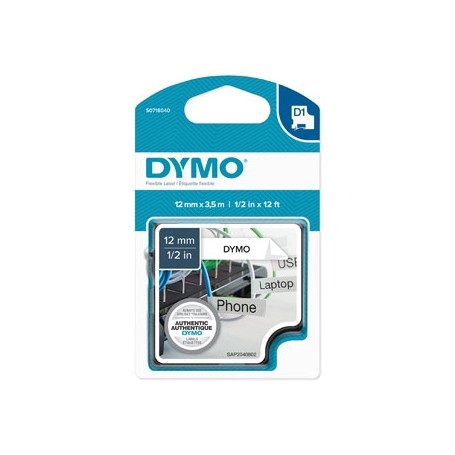 Dymo originální páska do tiskárny štítků, Dymo, 16957, S0718040, černý tisk/bílý podklad, 3.5m, 12mm, D1 speciální - flexibilní 