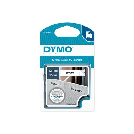 Dymo originální páska do tiskárny štítků, Dymo, 16959, S0718060, černý tisk/bílý podklad, 5.5m, 12mm, D1, speciální - permanentn