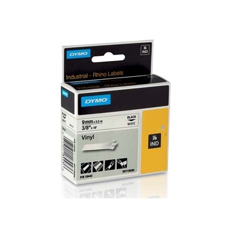 Dymo originální páska do tiskárny štítků, Dymo, 18443, S0718580, černý tisk/bílý podklad, 5.5m, 9mm, RHINO vinylová profi D1