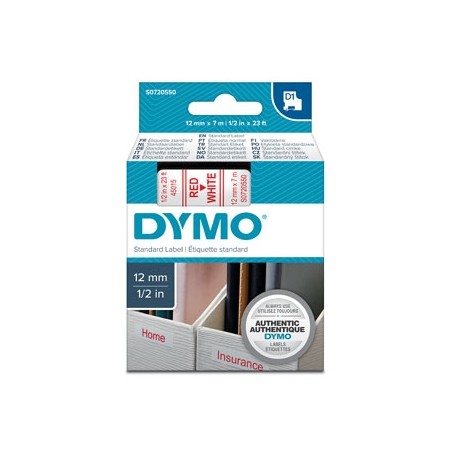 Dymo originální páska do tiskárny štítků, Dymo, 45015, S0720550, červený tisk/bílý podklad, 7m, 12mm, D1