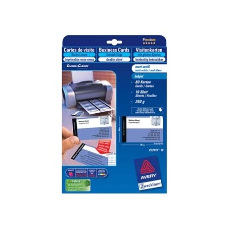 Avery Zweckform, vizitky, s hladkým okrajem, bílé, matné, A4, 260 g/m2, 85x54mm, 8ks/A4, oboustranné, 10 listů, pro inkoustové t